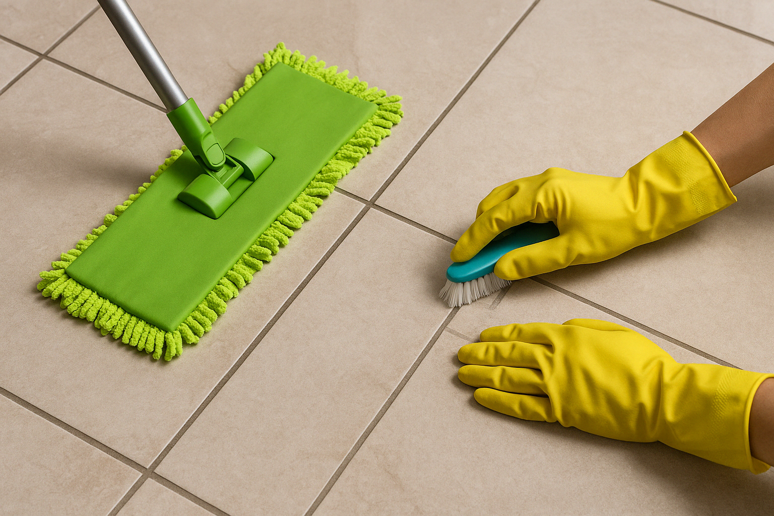 Two gloved hands clean the grout lines of a tiled floor with a brush, while a green mop glides over the beige ceramic tiles.