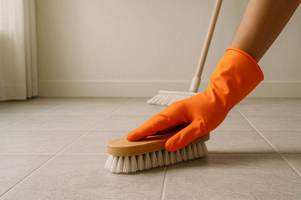 Hand in orange glove scrubbing light gray floor tiles with a brush in a bright, modern room