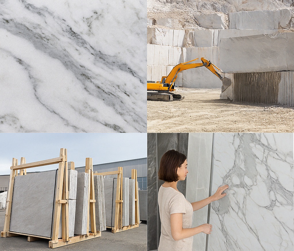Stages of natural stone transformation to final installation.