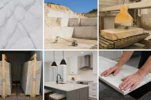 A stage visual showing natural stone’s journey from quarry to showroom.