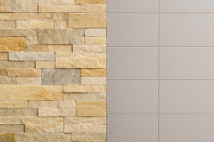 Side-by-side comparison of natural stone cladding and smooth porcelain tiles on a wall.
