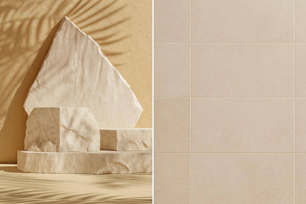 Beige natural stone blocks contrasted with smooth porcelain tile wall under soft light.