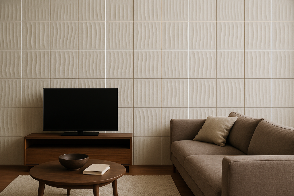 Contemporary living room with vertically textured tile wall