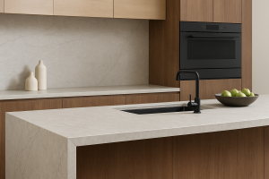 Modern kitchen featuring a marbled sintered stone countertop with integrated sink and wood cabinetry.