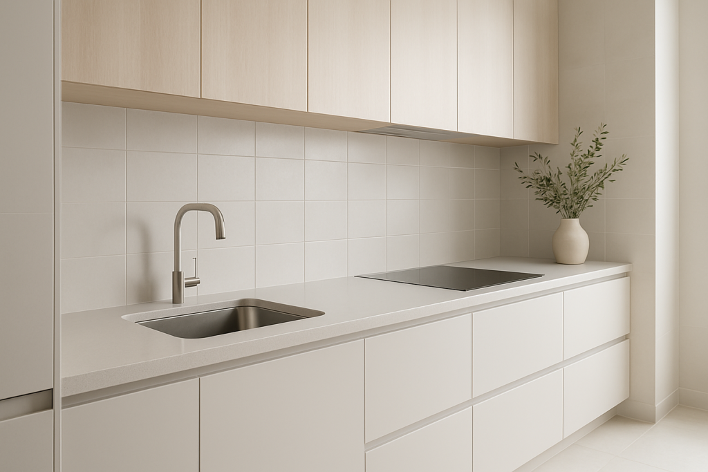 Minimalist kitchen with neutral ceramic tiles and light countertops