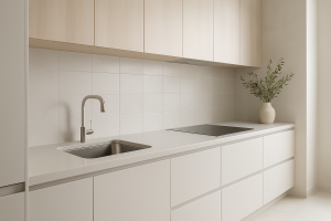Minimalist kitchen with neutral ceramic tiles and light countertops