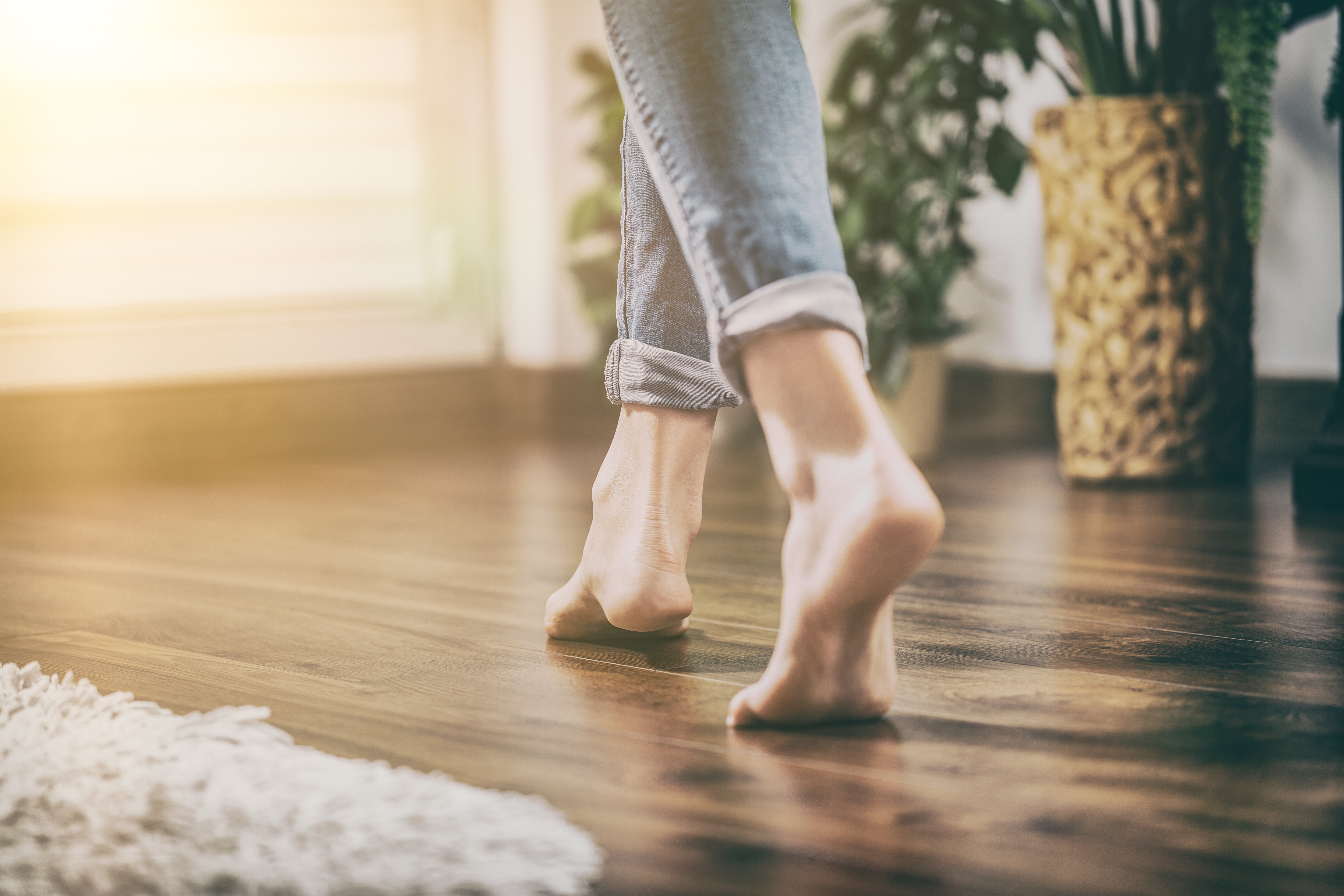 Close-up of a person walking barefoot on a polished wooden floor with sunlight streaming in, next to a white rug and indoor plants.