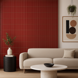 Salon moderne avec mur en carreaux rouges verticaux, canapé beige minimaliste, table basse en marbre et décoration contemporaine Italbec