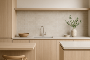 Cuisine minimaliste au style modernisme organique avec tuiles en céramique beige, armoires en bois clair et décoration naturelle comprenant un vase d’olivier et un bol en bois.