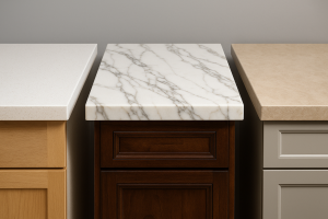 un comptoir en quartz blanc, un comptoir en marbre naturel et un comptoir en pierre frittée beige.