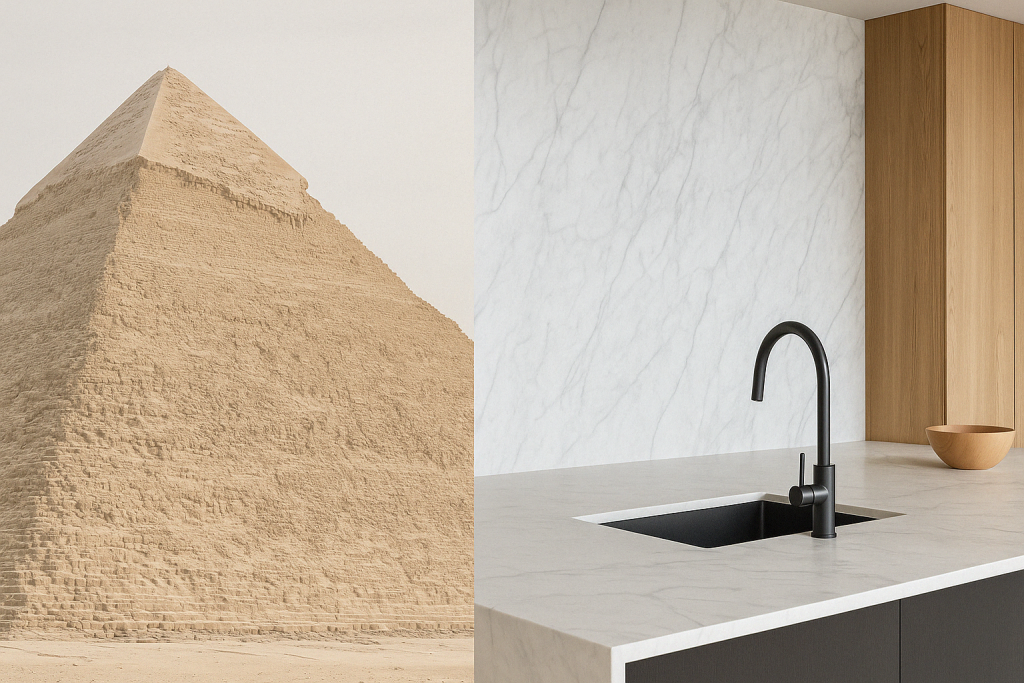 Pyramid and modern marble kitchen side by side.