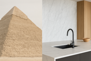 Pyramid and modern marble kitchen side by side.
