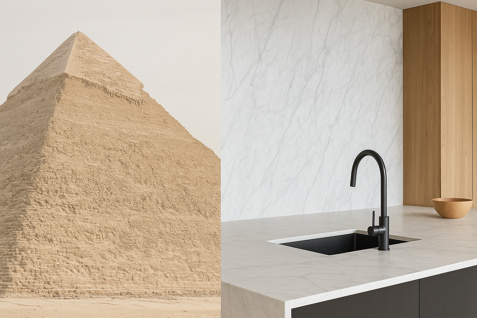 Pyramid and modern marble kitchen side by side.