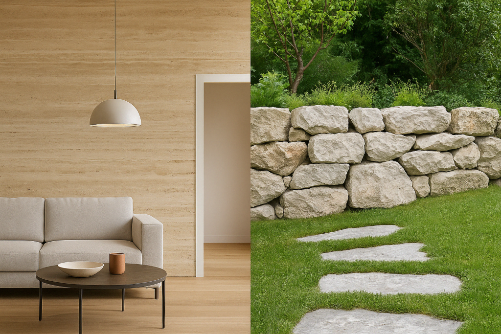Travertine living room and stone garden wall.