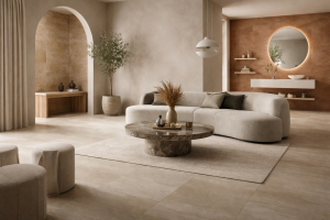 Large-format porcelain tiles in warm neutral tones showcasing tile trends 2026 in a modern interior with natural textures