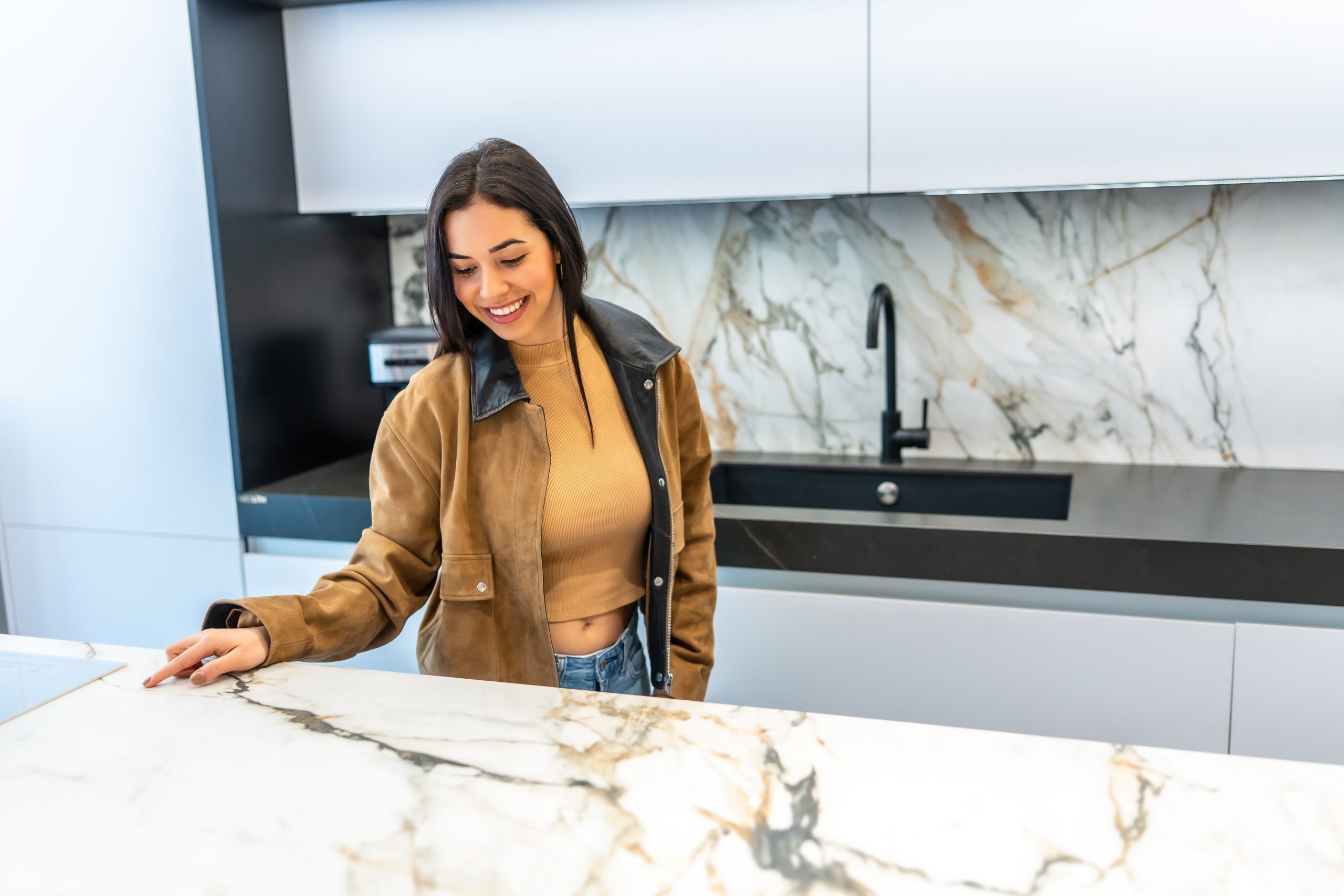 Customer touching a custom countertop